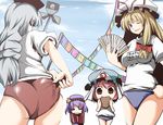  alternate_costume ass blonde_hair blue_eyes buruma eating fujy gym gym_uniform hat multiple_girls pink_hair purple_eyes purple_hair red_eyes ribbon saigyouji_yuyuko silver_hair touhou yagokoro_eirin yakumo_yukari yasaka_kanako 