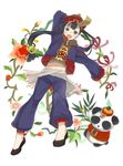  1girl black_hair chinese_clothes copyright_request flower green_eyes happy hat long_hair panda solo 