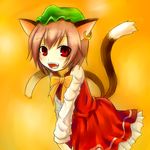  animal_ears bad_id bad_pixiv_id brown_hair cat_ears cat_tail chen earrings fang hat jewelry multiple_tails red_eyes ribbon solo tail touhou yasagure_yukito 