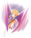  angel_wings bad_id bad_pixiv_id blonde_hair breath_of_fire breath_of_fire_ii dress flying nina_(breath_of_fire_ii) purple_eyes purple_wings side_slit tamagawa_yukimaru wings 