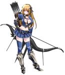  amagai_yukino armor armored_dress arrow asuru_(armor) belt beltbra blonde_hair blue_legwear bow_(weapon) breasts cleavage hairband large_breasts long_hair midriff monster_hunter navel quiver ribbon simple_background skirt solo standing thighhighs weapon zettai_ryouiki 