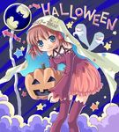  cape ghost halloween jack-o'-lantern mizuna_tomomi original pumpkin purple_legwear sign skirt solo star thighhighs 