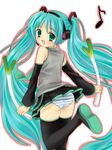  aqua_eyes aqua_hair ass bad_id bad_pixiv_id detached_sleeves hanabana_tsubomi hatsune_miku headphones highres long_hair microphone panties pantyshot skirt skirt_lift solo spring_onion striped striped_panties thighhighs twintails underwear very_long_hair vocaloid 