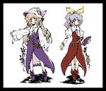  belt blonde_hair book boots bow bracelet hair_bow hair_ribbon hat hat_ribbon jewelry long_hair multiple_girls ponytail purple_hair red_eyes ribbon siblings sisters tokiame touhou watatsuki_no_toyohime watatsuki_no_yorihime yellow_eyes 