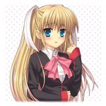  blonde_hair blue_eyes blush bow fuyuichi hair_ornament little_busters! long_hair pink_bow school_uniform solo tokido_saya 