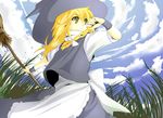  apron bad_id bad_pixiv_id blonde_hair braid broom brown_eyes cloud day hair_ribbon hat kirisame_marisa ribbon shiina_(pixiv137539) side_braid sky solo touhou witch_hat wrist_cuffs 