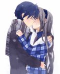  1girl blue_hair blush brown_hair clannad closed_eyes couple fur_trim hairband hetero hug kiss long_sleeves naosuke_(morioka_shachuu) okazaki_tomoya sakagami_tomoyo scarf short_hair simple_background white_background 