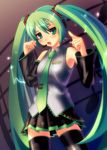  armpits bare_shoulders detached_sleeves flat_chest green_eyes green_hair green_nails hatsune_miku headphones kuroba_(f-15c_eagle) long_hair microphone nail_polish necktie open_mouth skirt solo thighhighs twintails very_long_hair vocaloid zettai_ryouiki 