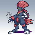  claws closed_mouth clothed_pokemon costume full_armor gen_4_pokemon grey_background helmet looking_at_viewer no_humans pokemon pokemon_(creature) red_eyes signature simple_background solo standing weavile x'ellos 