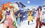  blue_eyes blue_hair boots braid coat gloves hair_intakes hairband highres ikeda_kazumi kanon long_hair minase_akiko minase_nayuki multiple_girls non-web_source one_eye_closed orange_hair purple_hair red_eyes ribbon sawatari_makoto shovel single_braid snow snow_shovel snowball snowball_fight tsukimiya_ayu very_long_hair 