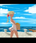  beach blonde_hair cloud day hachimitsuboi highres original outdoors panties pink_eyes ponytail sky solo underwear 