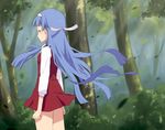  bangs blue_hair blunt_bangs dress floating_hair forest kannagi ling_(cg_sky) long_hair looking_back nagi nature purple_eyes solo 