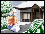  architecture blonde_hair border box cloud cloudy_sky donation_box dress east_asian_architecture fox_tail from_behind grass hat highres leaf liya long_sleeves looking_at_viewer looking_back multiple_tails path road short_hair sky snow solo tabard tail touhou tree white_dress winter yakumo_ran yellow_eyes 