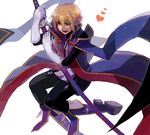  blazblue blonde_hair blue_eyes blue_footwear boots drawr elbow_gloves gloves jin_kisaragi katana male_focus oh_1234 sheath sheathed sidelocks solo sword weapon yukianesa 