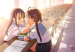  brown_eyes brown_hair chair long_hair multiple_girls notebook original petting school_uniform serafuku sitting table translated twintails yasumori_zen 