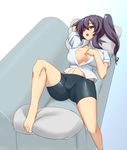  barefoot bike_shorts blue_background blush borrowed_character breasts couch drill_hair green_eyes highres large_breasts lying no_bra on_back one_eye_closed open_clothes open_mouth open_shirt original purple_hair shirt side_ponytail sidelocks simple_background smile solo umizakura_tachimi yamaneko_ken 