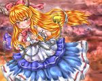  belt bow chain clenched_hands cloud cloudy_sky cuffs frown gourd hair_bow horns ibuki_suika lips long_hair looking_at_viewer low-tied_long_hair orange_hair red_background ribbon shackles skirt sky sleeveless solo taremayu_(kikai_tomato) touhou very_long_hair wrist_cuffs yellow_eyes 