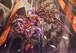  architecture bad_id bad_pixiv_id black_legwear boots building church cross-laced_footwear garter_straps gothic_architecture hair_bobbles hair_ornament highres indoors kurione_(zassou) lace lace-trimmed_thighhighs lace-up_boots long_hair looking_at_viewer multiple_wings purple_hair red_eyes shinki side_ponytail solo stained_glass thighhighs touhou touhou_(pc-98) very_long_hair wings 