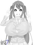  1girl breasts female huge_breasts k-on! long_hair magister_(bigbakunyuu) monochrome nakano_azusa open_mouth school_uniform smile twintails v 