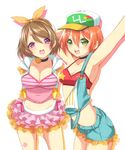  :d armpits bikini_top blush bow breasts brown_hair cleavage eyebrows_visible_through_hair green_eyes hair_bow hair_ornament hairclip hattori_masaki hoshizora_rin koizumi_hanayo large_breasts love_live! love_live!_school_idol_project medium_breasts midriff miniskirt multiple_girls natsuiro_egao_de_1_2_jump! open_mouth purple_eyes red_hair shiny shiny_skin short_hair short_shorts shorts skirt smile swimsuit 