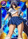  1girl blue_eyes breasts gloves ikkitousen kan&#039;u_unchou kan'u_unchou large_breasts long_hair miniskirt official_art polearm purple_hair school_uniform skirt solo spear standing weapon zodiac 