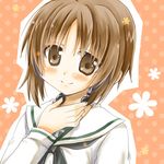  bangs blouse blush brown_eyes brown_hair closed_mouth girls_und_panzer kodou_mikoto long_sleeves looking_at_viewer lowres neckerchief nishizumi_miho ooarai_school_uniform school_uniform serafuku short_hair smile solo throat_microphone upper_body white_blouse 