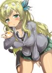  black_legwear blonde_hair blush boku_wa_tomodachi_ga_sukunai breasts broken_egg butterfly_hair_ornament cupping_hand egg eggshell food green_eyes hair_ornament highres kashiwazaki_sena kneehighs large_breasts long_hair looking_at_viewer open_mouth school_uniform sexually_suggestive shiny shiny_skin solo st._chronica_academy_uniform tashiromotoi 