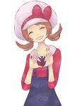  1girl artist_request brown_hair happy hat heart heart_hands kotone_(pokemon) monaco_(rmn02) overalls pokemon pokemon_(game) pokemon_hgss ribbon simple_background smile solo twintails white_background 