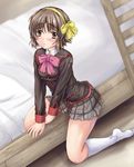  blush bow brown_eyes brown_hair crossdressing hairband little_busters! naoe_riki otoko_no_ko pink_bow plaid plaid_skirt school_uniform short_hair skirt yo-jin 