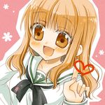  bangs blouse blunt_bangs blush girls_und_panzer kodou_mikoto long_hair long_sleeves lowres neckerchief ooarai_school_uniform open_mouth orange_eyes orange_hair school_uniform serafuku smile solo takebe_saori upper_body white_blouse 