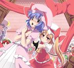  ascot bat_wings blonde_hair blouse blue_hair blush box chibi chocolate crescent crying drooling fang flandre_scarlet gift gift_box hair_ribbon hands_on_own_chest hat hat_ribbon highres hong_meiling izayoi_sakuya lace long_hair looking_at_viewer maid_headdress mob_cap multiple_girls noa_(nagareboshi) o_o open_mouth patchouli_knowledge purple_eyes purple_hair pushing red_eyes red_hair remilia_scarlet ribbon short_hair short_sleeves siblings side_ponytail sidelocks silver_hair sisters skirt skirt_set solid_circle_eyes star streaming_tears striped striped_background sweatdrop tears touhou vest wings 