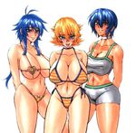  3girls bikini blonde_hair blue_eyes blue_hair breasts character_request crossover highleg highleg_bikini highleg_swimsuit huge_breasts igawa_sakura kasai_makoto kiryuu_kaede kyouiku_shidou mesu_kyoushi multiple_girls purple_eyes source_request swimsuit taimanin_asagi white_background wrato yellow_eyes 