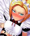  alternate_costume amase_(yagami666) android_18 apron black_legwear blonde_hair blue_eyes blush breasts covered_nipples dragon_ball dragon_ball_z earrings enmaided from_above jewelry maid maid_headdress medium_breasts ribbon short_hair solo thighhighs 