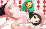  animal_ears bad_id bad_pixiv_id bed black_hair bob_cut brown_eyes california_king_bed fake_animal_ears higashikata_daiya hood hoodie jojo_no_kimyou_na_bouken jojolion karamugi pantyhose solo stand_(jojo) striped striped_legwear sweater vertical-striped_legwear vertical_stripes 