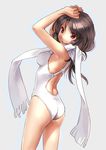  arms_up ass blush breasts brown_hair cowboy_shot katahira_masashi large_breasts long_hair looking_at_viewer one-piece_swimsuit original red_eyes scarf simple_background solo swimsuit white_scarf white_swimsuit 