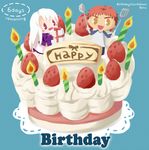  1girl artist_name birthday boru-boru cake candle countdown emiya_shirou fate/stay_night fate_(series) food fruit gift illyasviel_von_einzbern ladle long_hair raglan_sleeves red_eyes red_hair signature spatula strawberry white_hair yellow_eyes 