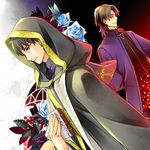  blue_flower blue_rose book brown_eyes brown_hair dual_persona fate/extra fate/zero fate_(series) flower hood kotomine_kirei multiple_boys priest robe rose triquetra usa_(blue-systema) younger 