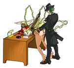  1girl anal ass ass_grab barefoot bdsm bent_over blazblue blue_eyes blush bondage bottomless bound deep_skin desk doggystyle gloves green_hair hair_tubes hat hazama hetero long_hair mario_grant ouroboros red_hair sex tiptoes tsubaki_yayoi wince winged_hat 