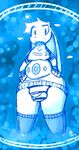  blue blue_and_white blue_theme blush bulge chubby clothing collar dickgirl intersex jumper lagomorph looking_at_viewer mammal nerlar rabbit simple_background solo 