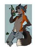  black_hair blue_eyes bottle canine clothed clothing ear_piercing fox hair half-dressed hizzie male mammal piercing solo topless 