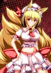  animal_ears blonde_hair breasts cosplay fox_ears fox_tail hat large_breasts merry_(diameri) midriff multiple_tails open_mouth remilia_scarlet remilia_scarlet_(cosplay) short_hair short_sleeves skirt solo tail touhou yakumo_ran yellow_eyes 