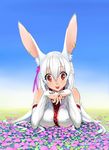  :p absurdres animal_ears bridal_gauntlets bunny_ears copyright_request highres hk33 lying on_stomach red_eyes solo tongue tongue_out white_hair 