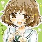  akiyama_yukari bangs blouse blush brown_eyes brown_hair girls_und_panzer kodou_mikoto long_sleeves looking_at_viewer lowres messy_hair neckerchief ooarai_school_uniform open_mouth school_uniform serafuku short_hair smile solo upper_body white_blouse 