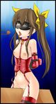  1girl bdsm blindfold bondage bound breasts brown_hair chopsticks collar corset cyber_(cyber_knight) elbow_gloves food gloves huang_lingyin infinite_stratos long_hair nipple_piercing nipples open_mouth piercing pussy pussy_juice solo tears thighhighs tongue tongue_out twintails uncensored wooden_horse 