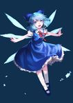 :d blue_background blue_eyes blue_hair bow cirno dress fang full_body hair_bow highres junwool mary_janes open_mouth outstretched_arms shoes short_hair simple_background smile solo spread_arms touhou wings 