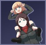  blonde_hair blue_eyes brown_hair carrying double_v dutch_angle fang from_below girls_und_panzer jacket katyusha long_hair looking_at_viewer military military_uniform multiple_girls nonna open_mouth pravda_school_uniform shoes short_hair shoulder_carry smile socks tomason turtleneck uniform v 