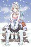  aurora_e_juutilainen black_legwear blue_eyes boots child eila_ilmatar_juutilainen gloves hair_ribbon highres hug hug_from_behind multiple_girls pantyhose ribbon scarf siblings silver_hair sisters snow strike_witches totonii_(totogoya) world_witches_series younger 