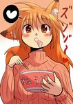  akisame_ruu animal_ears chopsticks eating food fox_ears heart heart-shaped_pupils noodles original solo sweater symbol-shaped_pupils 