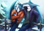  2018 5_fingers anthro blue_eyes clothed clothing day digital_media_(artwork) dragon duo fish hair kammi-lu male marine outside scalie shark sky smile snow western_dragon white_hair 