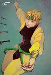  blonde_hair dio_brando headband heart highres jacket jojo_no_kimyou_na_bouken knife male_focus red_eyes solo wellycheee yellow_jacket 